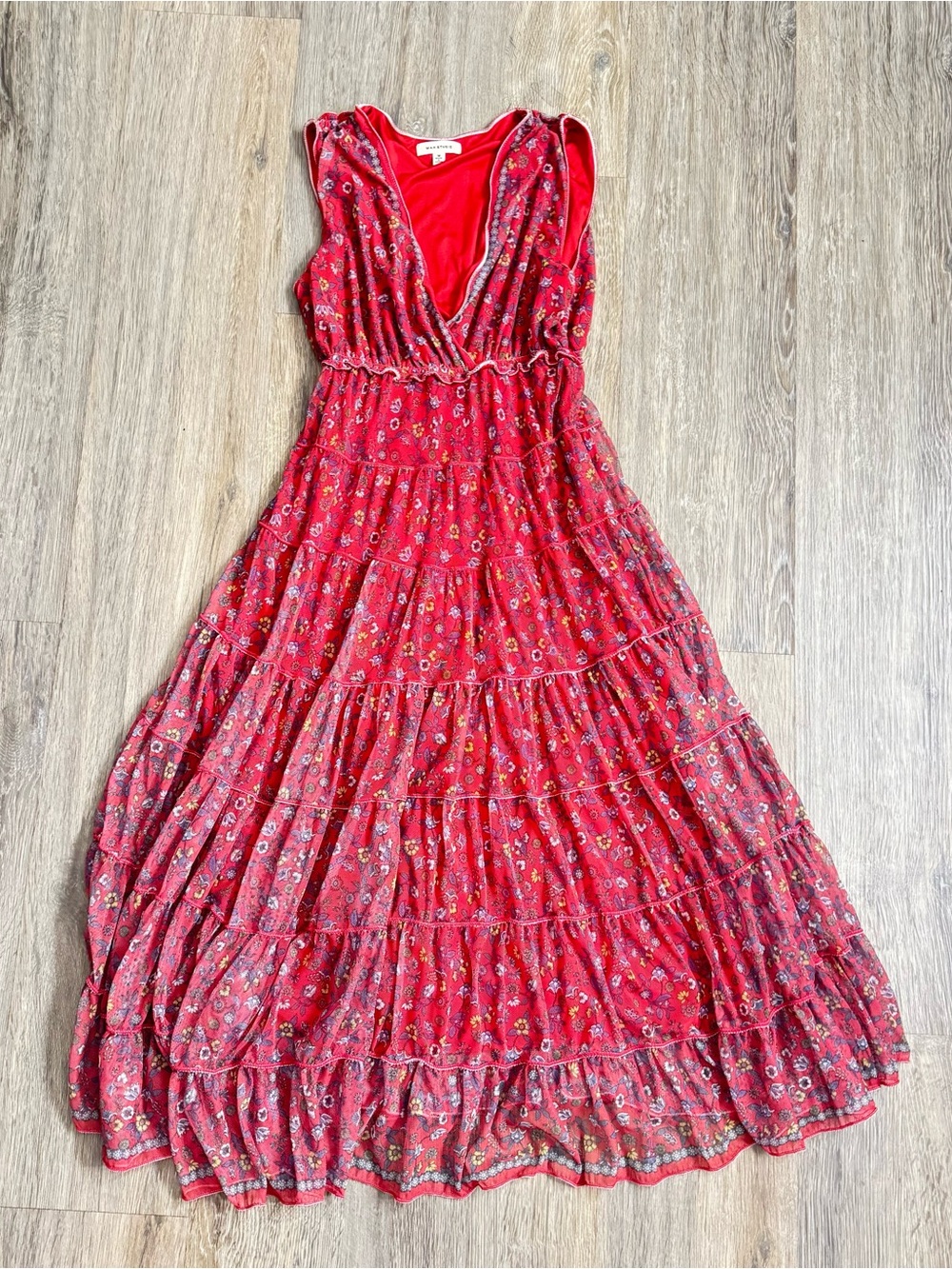 Max Studio Crimson Floral Tiered Maxi Dress